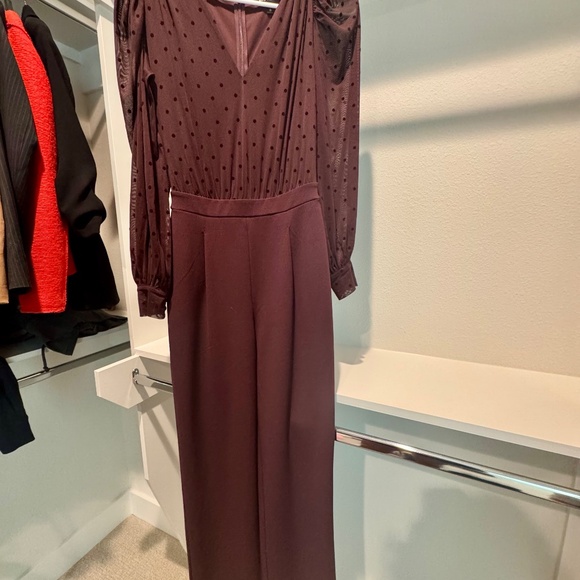 Express Long Sleeve Swiss Dot Jumpsuit – Burgundy - Picture 2 of 3